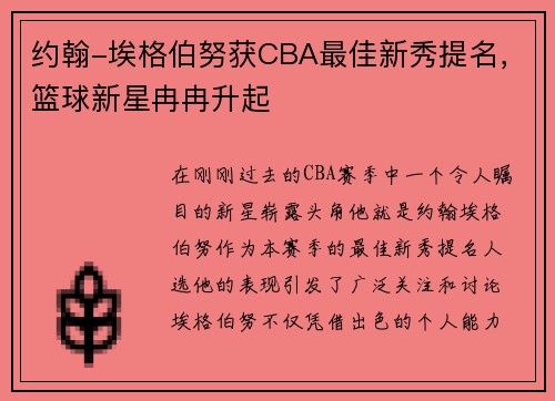约翰-埃格伯努获CBA最佳新秀提名，篮球新星冉冉升起